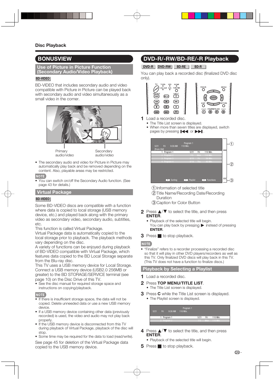 Dvd-r/-rw/bd-re/-r playback, Bonusview, Playback by selecting a playlist | Virtual package, Disc playback | Sharp AQUOS LC-37BD60U User Manual | Page 27 / 65