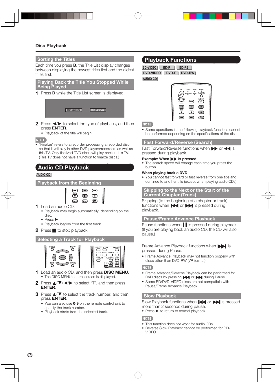 Audio cd playback, Playback functions | Sharp AQUOS LC-37BD60U User Manual | Page 28 / 65