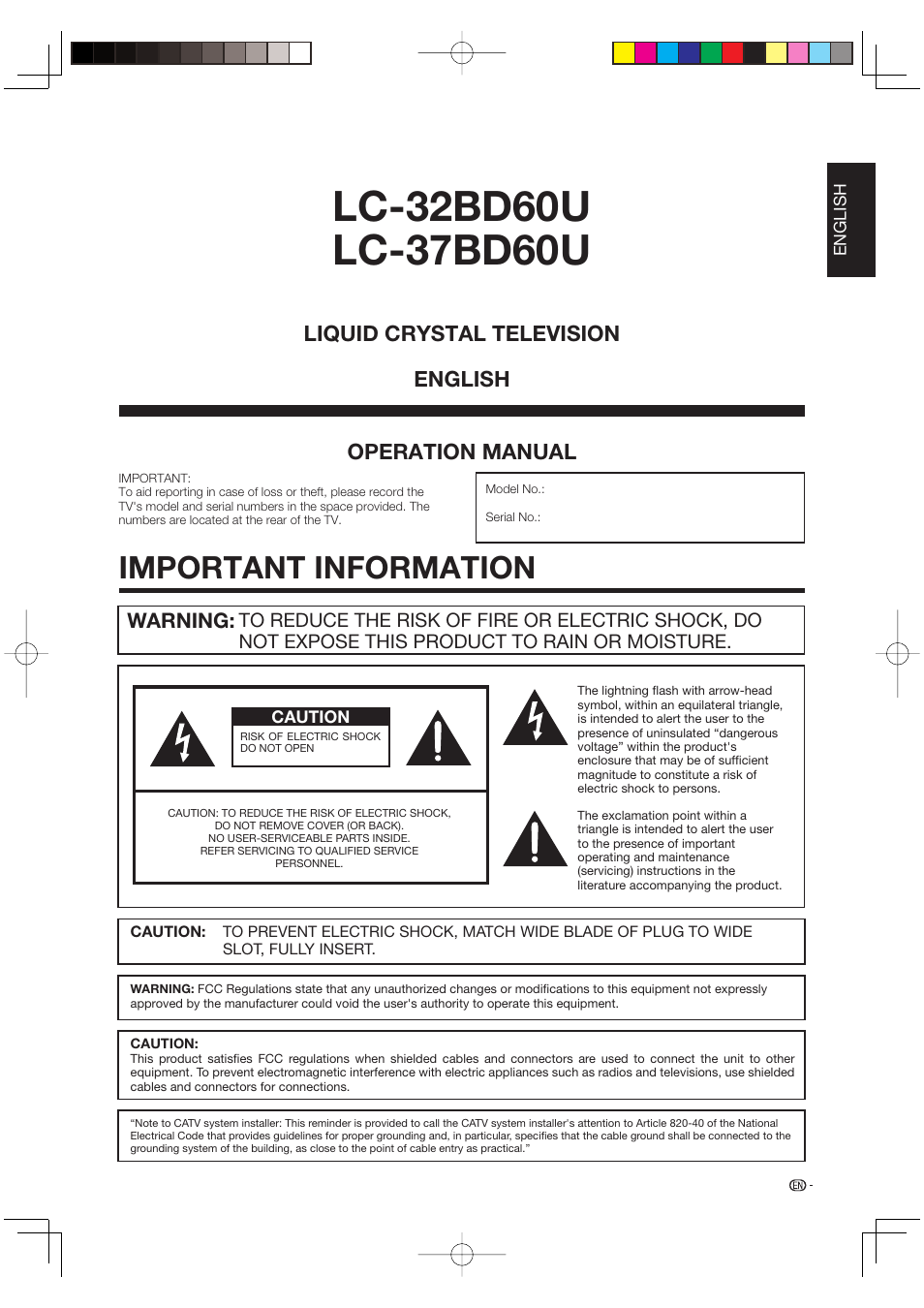 Important information, Operation manual, Liquid crystal television english | Warning | Sharp AQUOS LC-37BD60U User Manual | Page 3 / 65