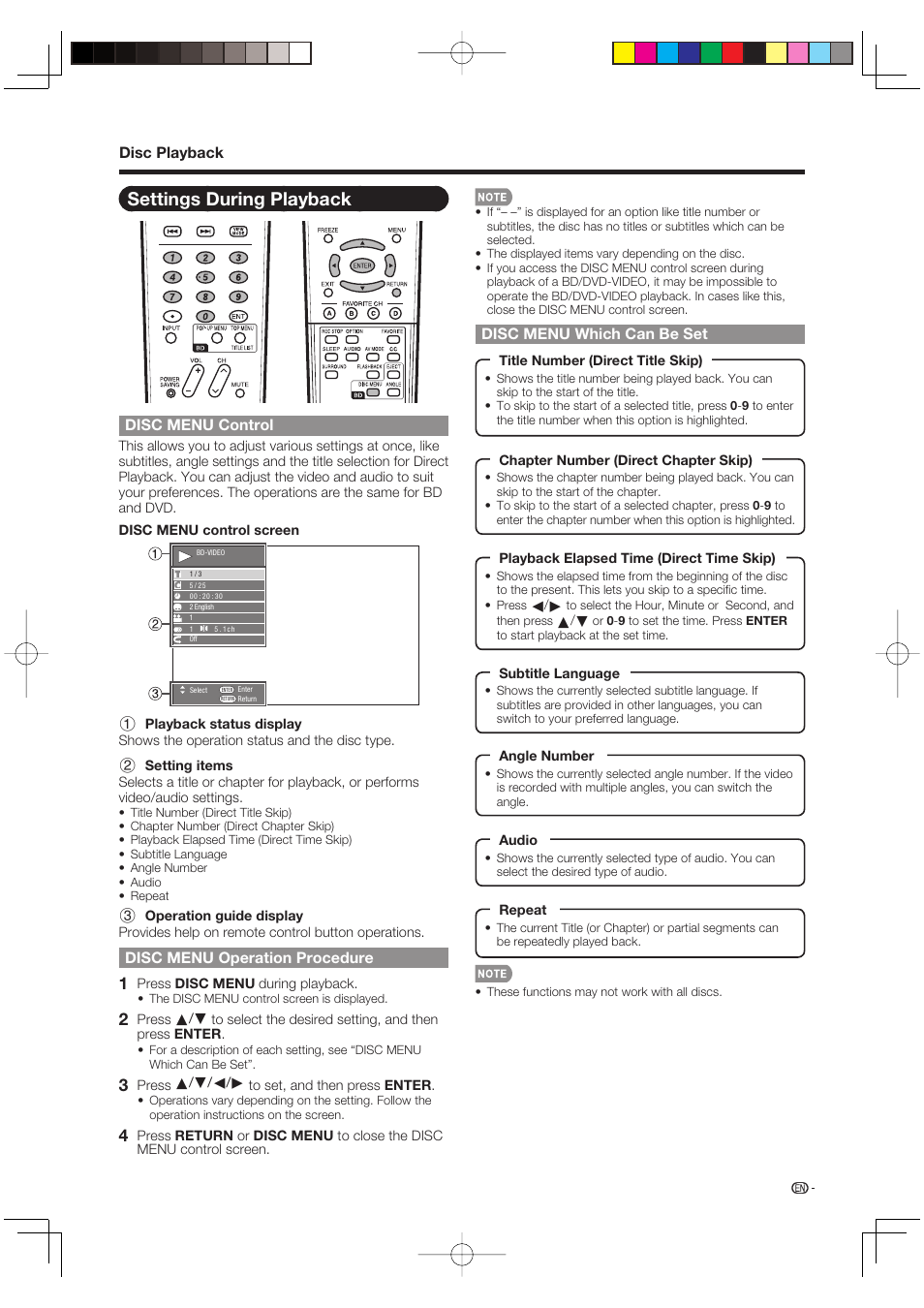 Settings during playback, Disc menu control, Disc menu operation procedure | Disc playback, Disc menu which can be set | Sharp AQUOS LC-37BD60U User Manual | Page 31 / 65