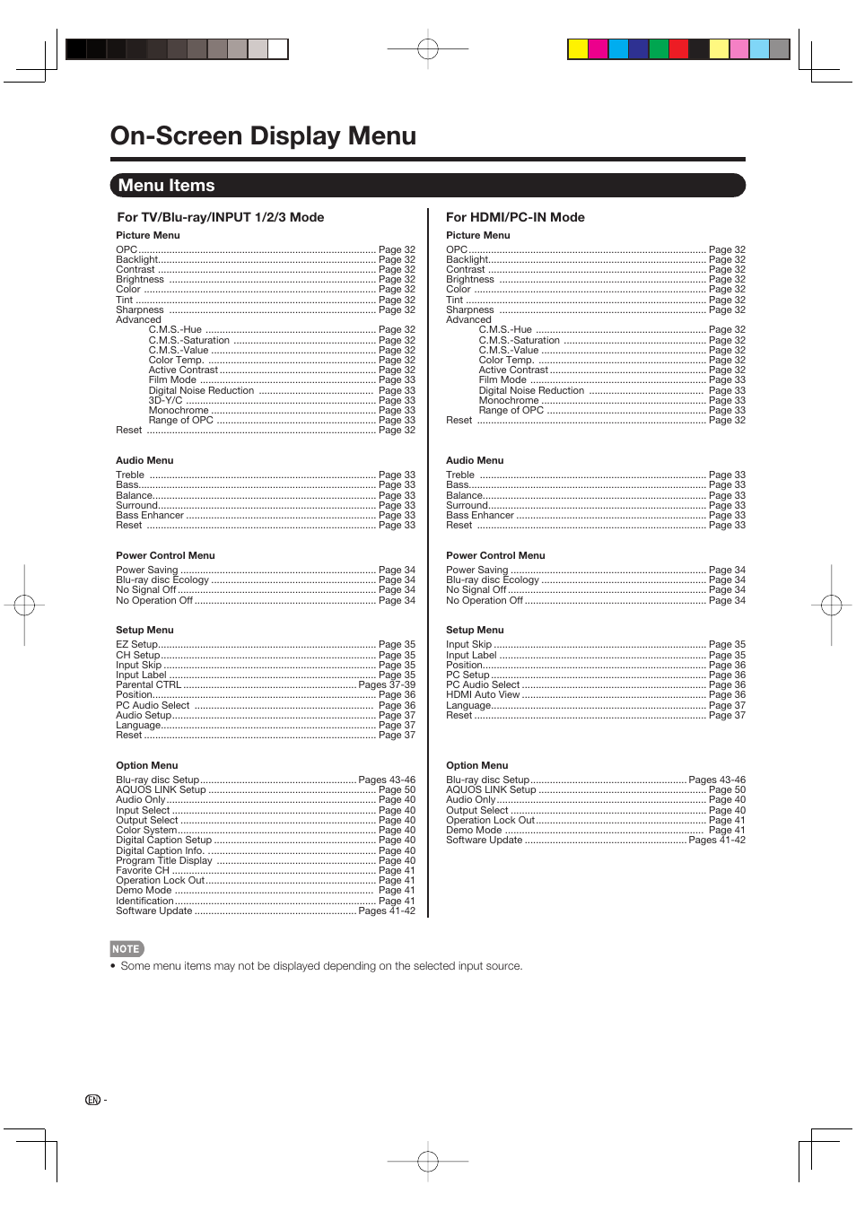 On-screen display menu, Menu items | Sharp AQUOS LC-37BD60U User Manual | Page 32 / 65