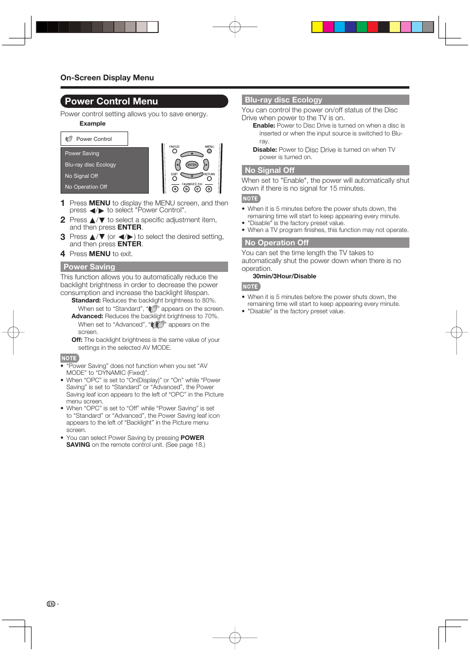 Power control menu | Sharp AQUOS LC-37BD60U User Manual | Page 36 / 65