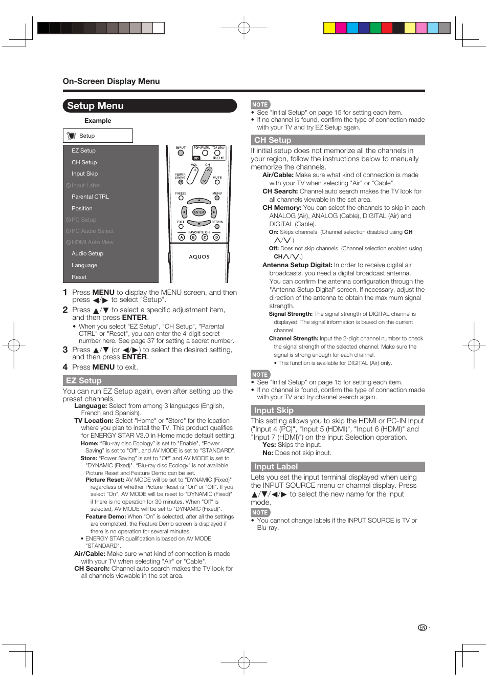 Setup menu | Sharp AQUOS LC-37BD60U User Manual | Page 37 / 65