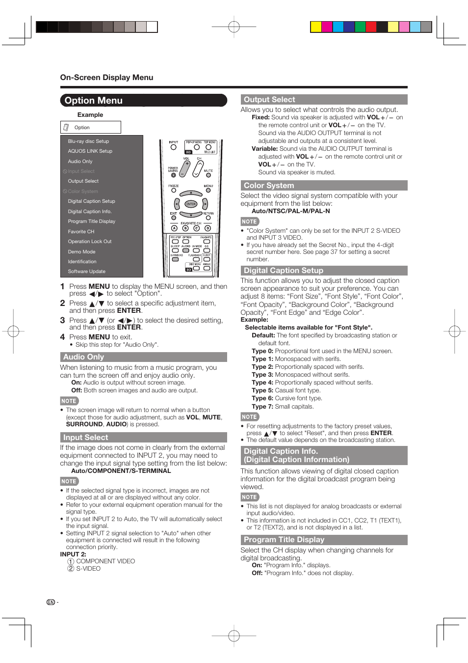 Option menu | Sharp AQUOS LC-37BD60U User Manual | Page 42 / 65