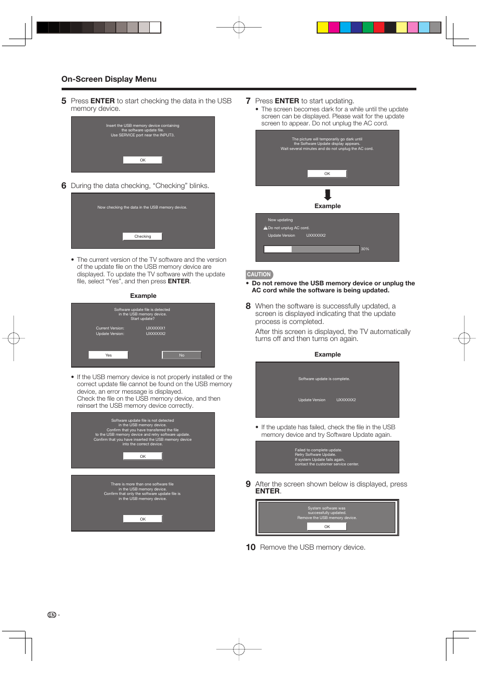 On-screen display menu, During the data checking, “checking” blinks, Press enter to start updating | Sharp AQUOS LC-37BD60U User Manual | Page 44 / 65