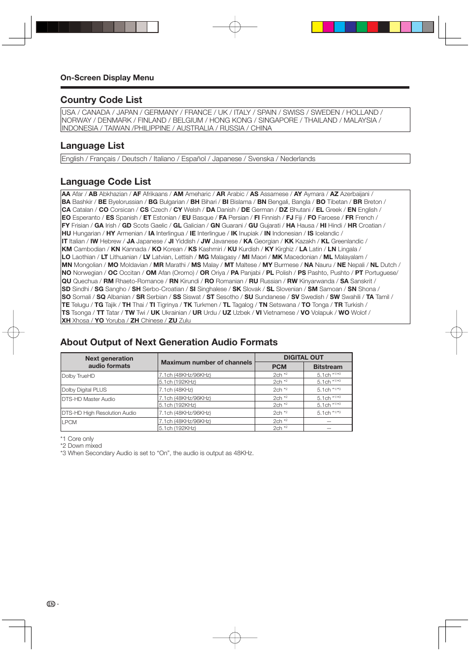 Country code list, Language list, Language code list | About output of next generation audio formats, On-screen display menu | Sharp AQUOS LC-37BD60U User Manual | Page 46 / 65