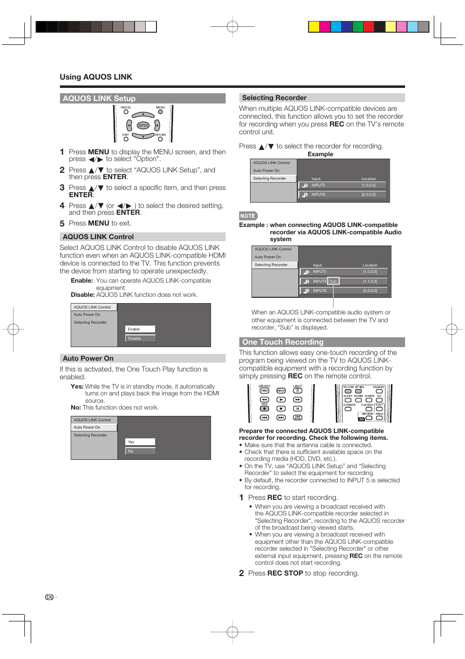 Aquos link setup, Using aquos link, One touch recording | Sharp AQUOS LC-37BD60U User Manual | Page 52 / 65