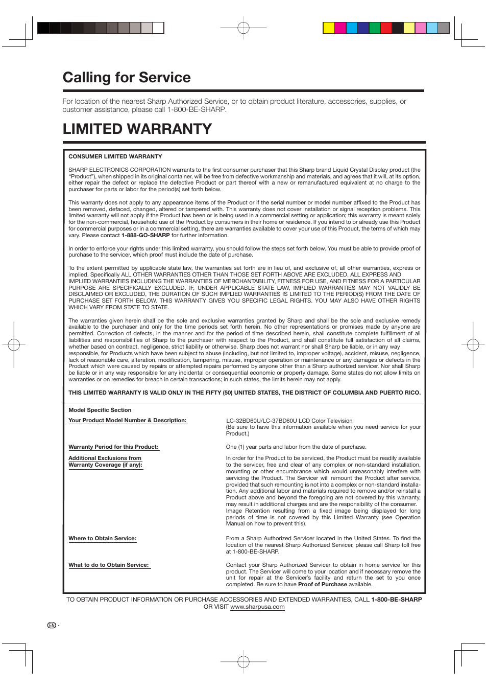 Calling for service limited warranty | Sharp AQUOS LC-37BD60U User Manual | Page 62 / 65