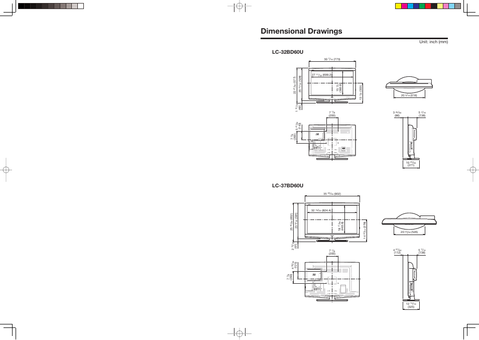 Dimensional drawings, Unit: inch (mm) | Sharp AQUOS LC-37BD60U User Manual | Page 64 / 65