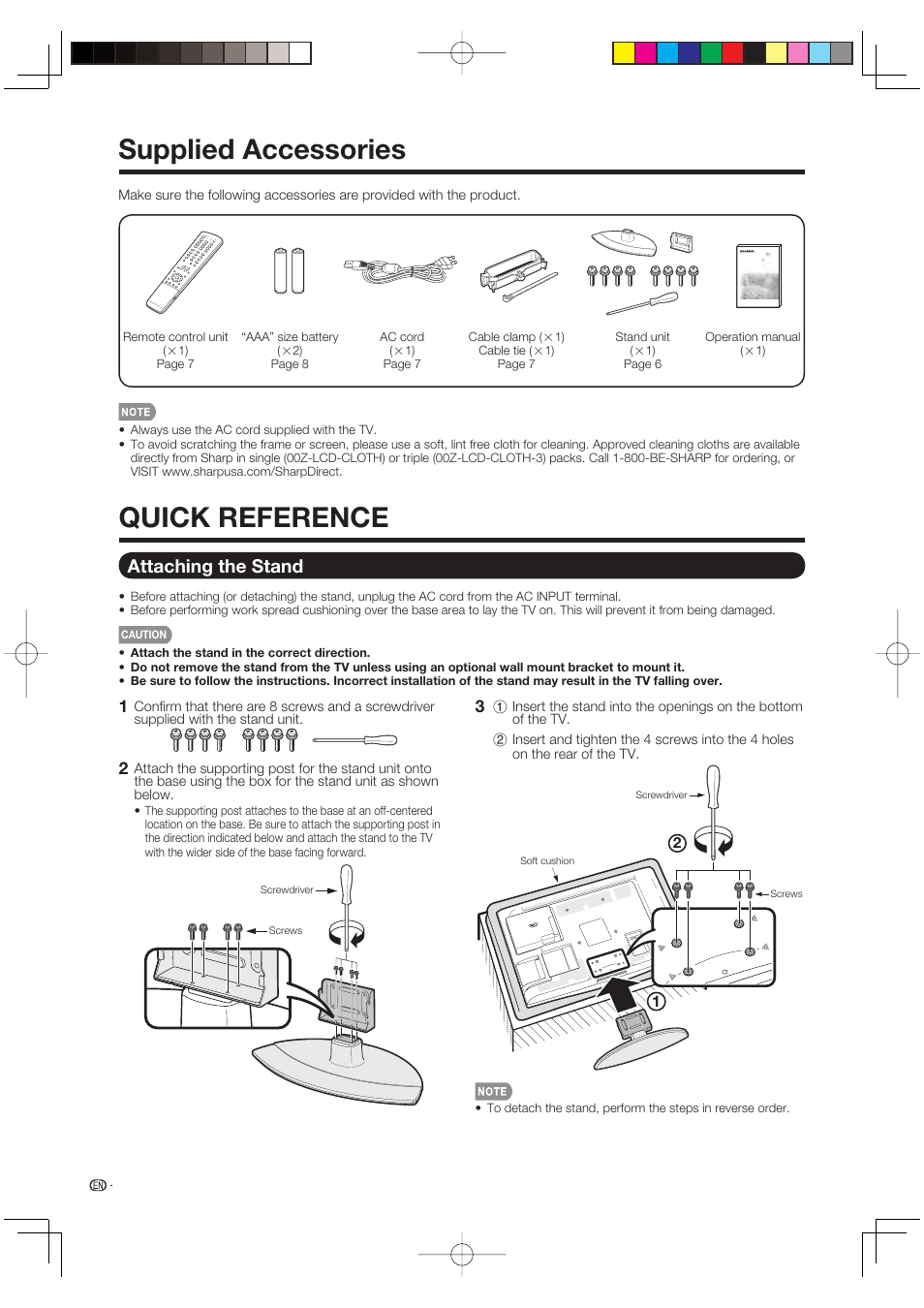 Quick reference, Supplied accessories, Attaching the stand | Sharp AQUOS LC-37BD60U User Manual | Page 8 / 65