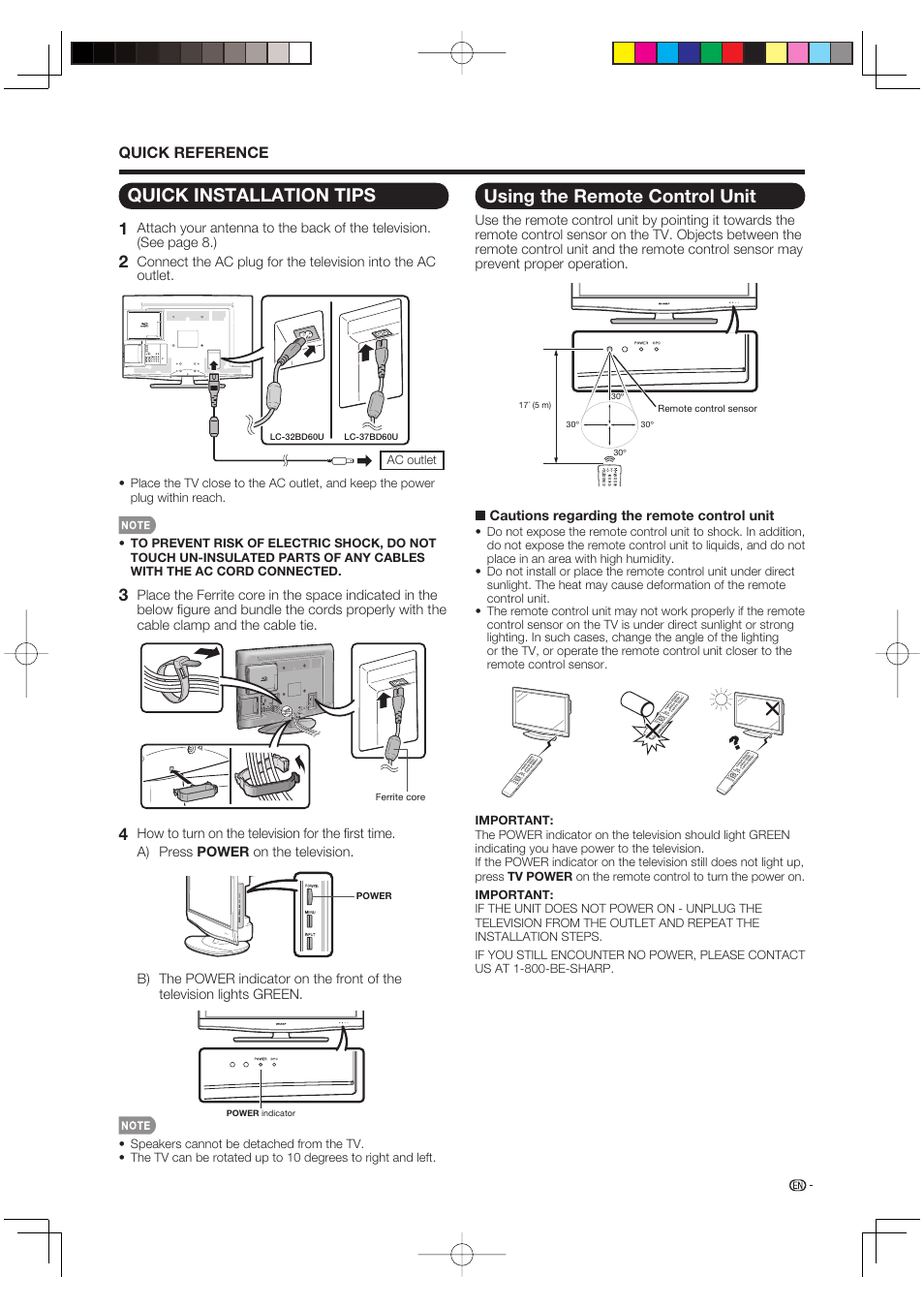 Using the remote control unit, Quick installation tips | Sharp AQUOS LC-37BD60U User Manual | Page 9 / 65