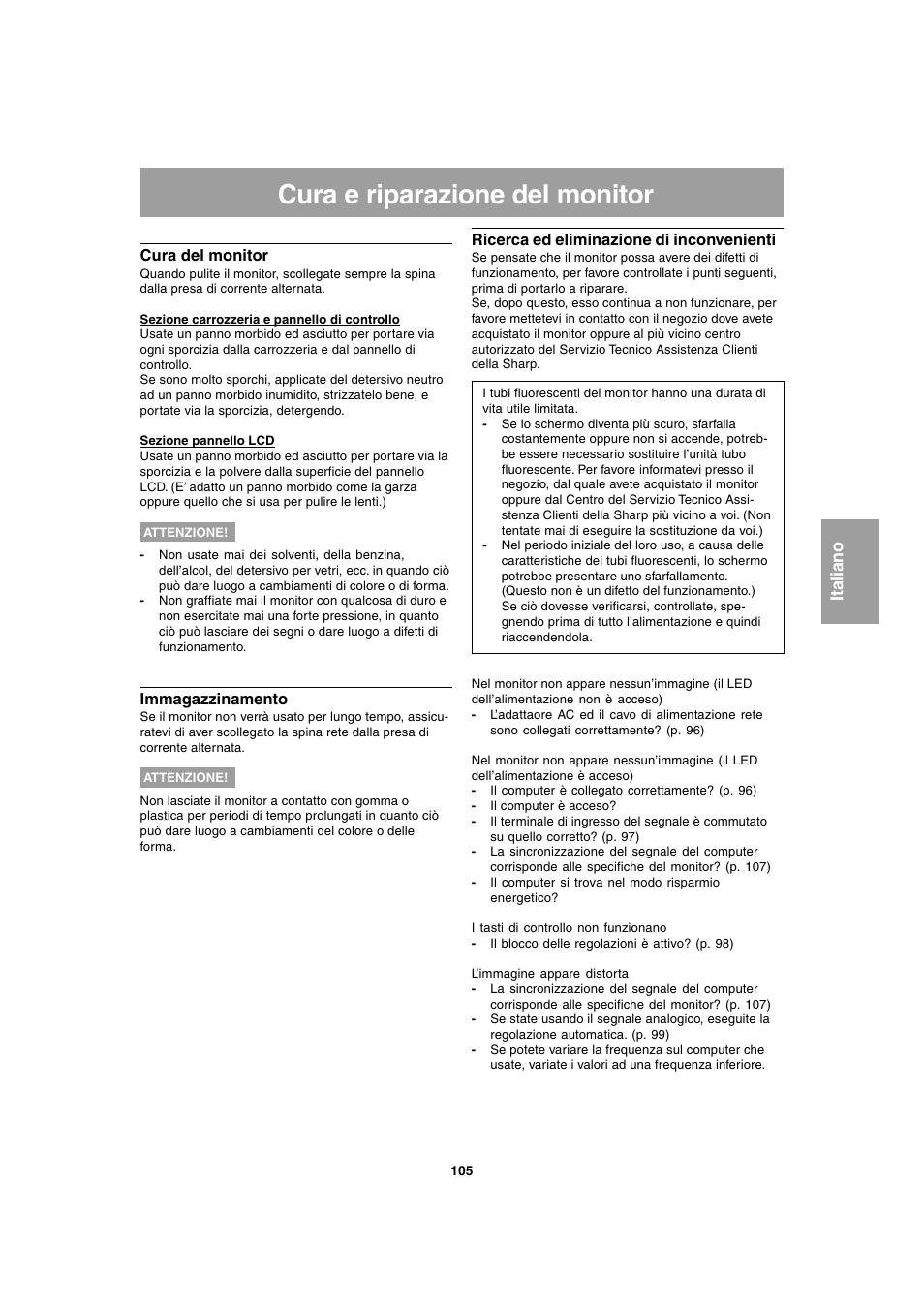 Cura e riparazione del monitor | Sharp LL-T1803-H User Manual | Page 105 / 144