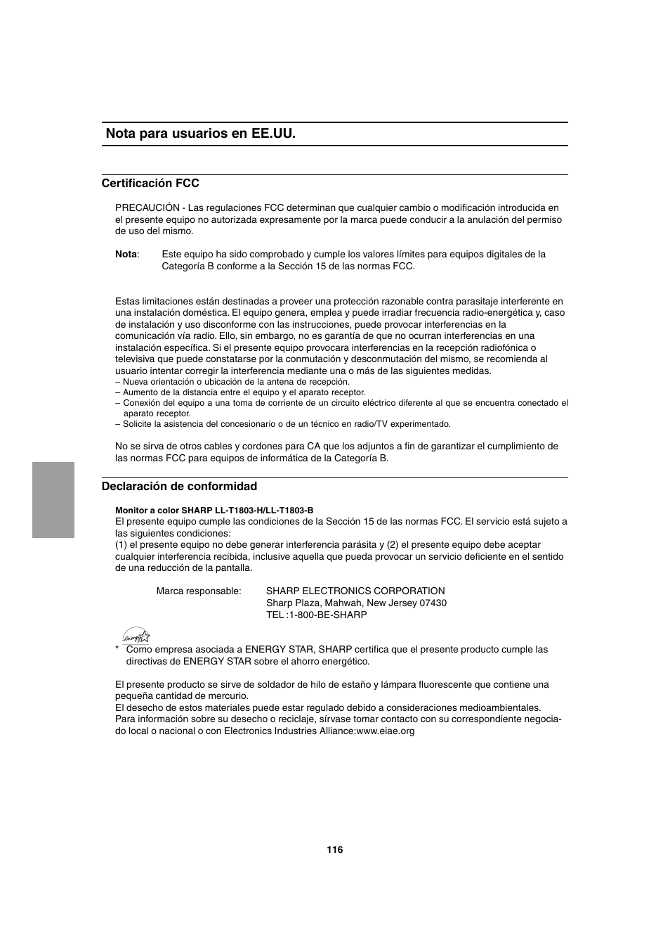 Nota para usuarios en ee.uu | Sharp LL-T1803-H User Manual | Page 116 / 144