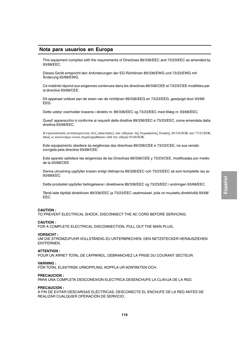 Nota para usuarios en europa, Español | Sharp LL-T1803-H User Manual | Page 119 / 144
