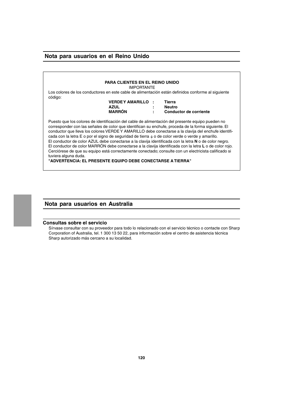 Nota para usuarios en el reino unido, Nota para usuarios en australia | Sharp LL-T1803-H User Manual | Page 120 / 144