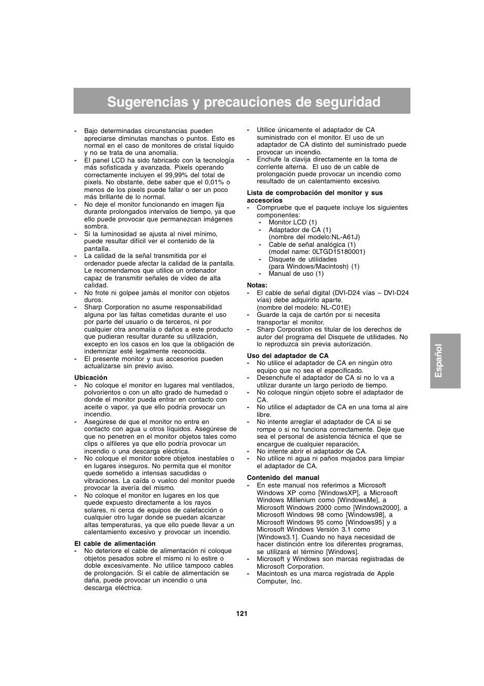 Sugerencias y precauciones de seguridad, Español | Sharp LL-T1803-H User Manual | Page 121 / 144