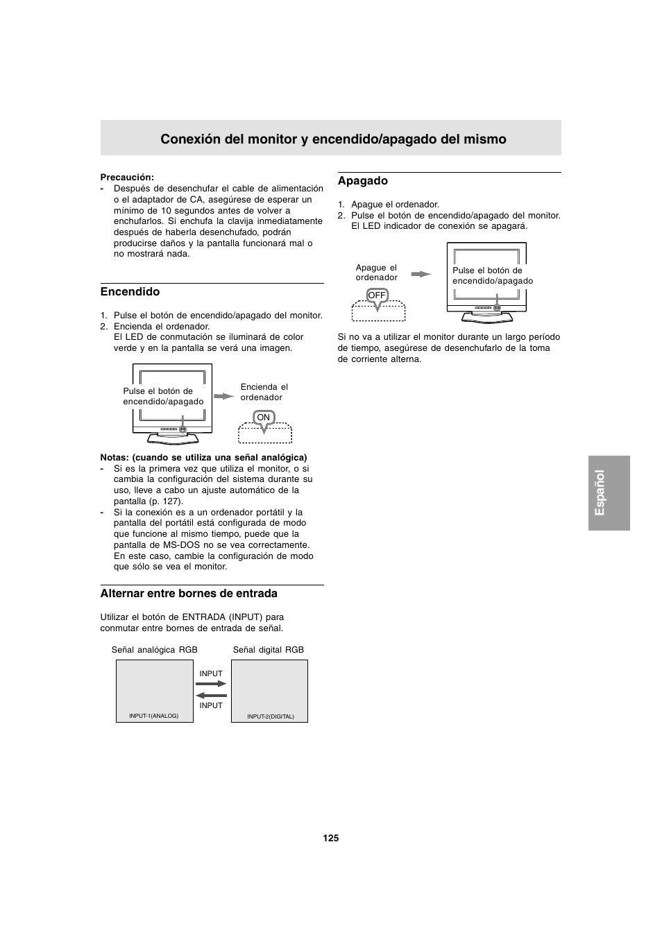 Conexión del monitor y encendido/apagado del mismo, Español | Sharp LL-T1803-H User Manual | Page 125 / 144