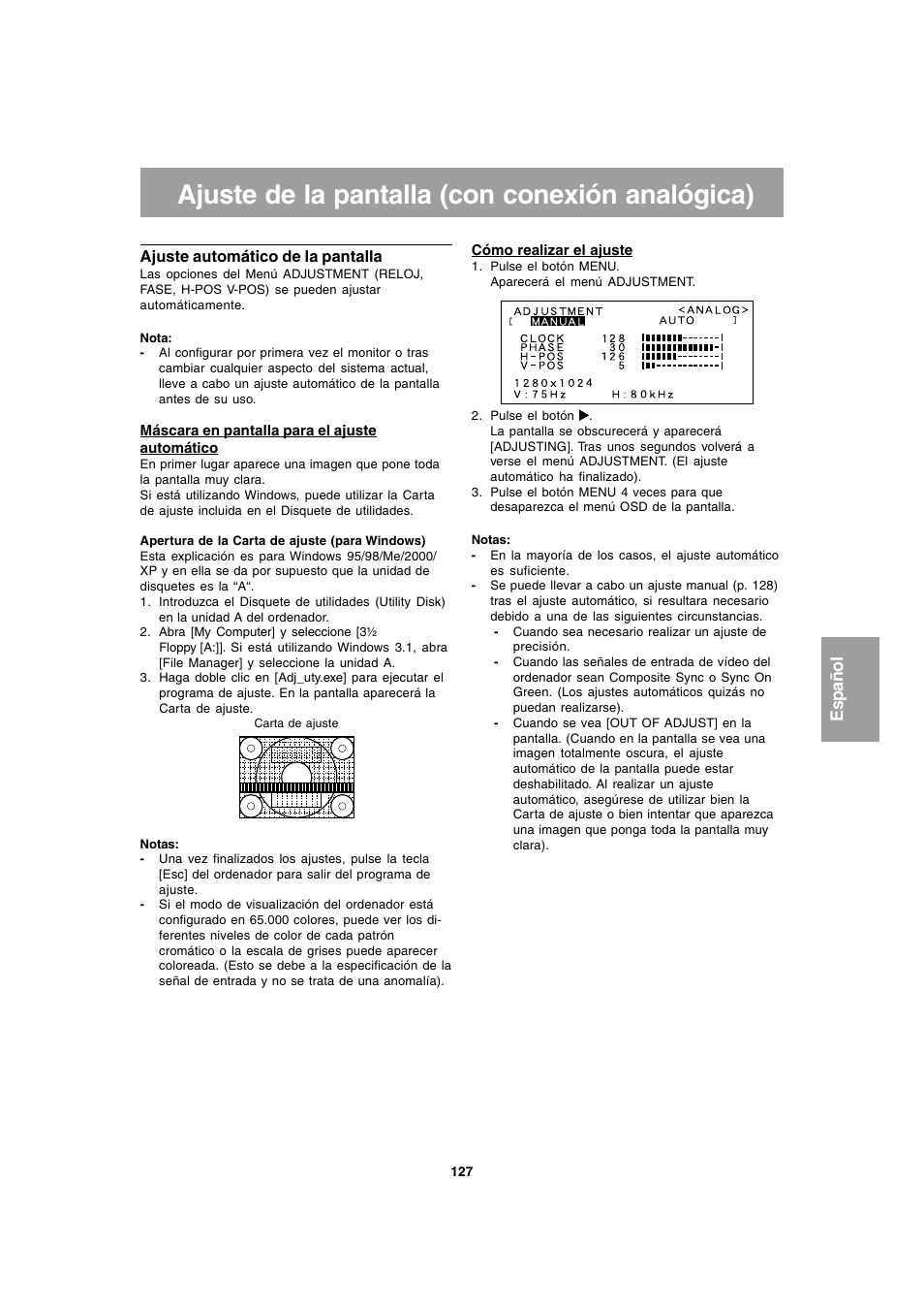 Ajuste de la pantalla (con conexión analógica) | Sharp LL-T1803-H User Manual | Page 127 / 144