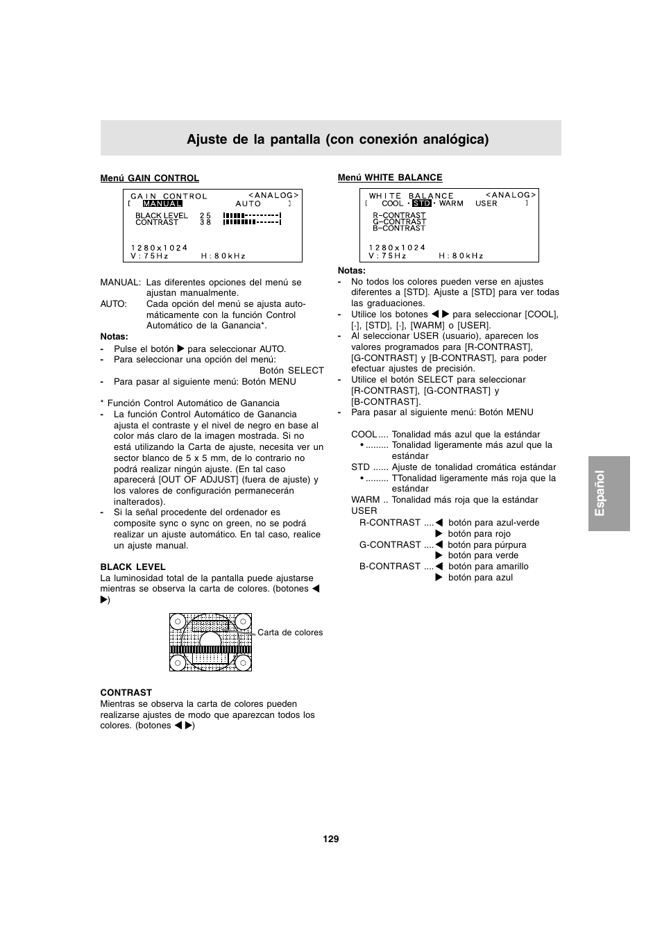 Ajuste de la pantalla (con conexión analógica), Español | Sharp LL-T1803-H User Manual | Page 129 / 144