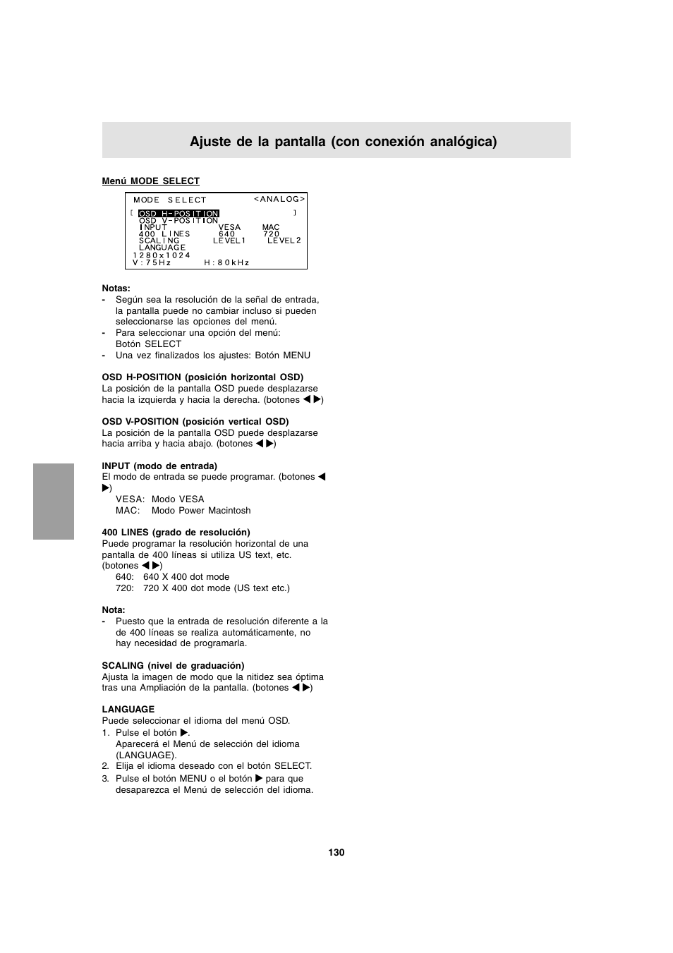 Ajuste de la pantalla (con conexión analógica) | Sharp LL-T1803-H User Manual | Page 130 / 144