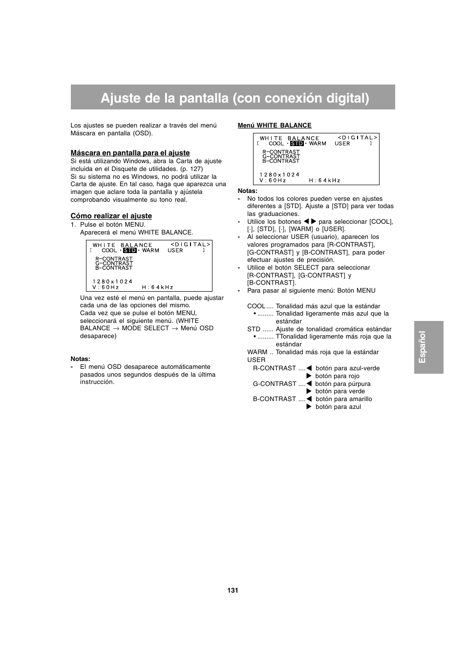 Ajuste de la pantalla (con conexión digital), Español | Sharp LL-T1803-H User Manual | Page 131 / 144