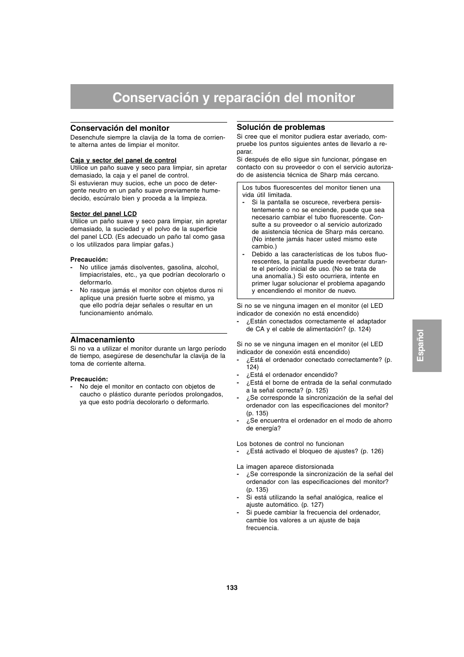 Conservación y reparación del monitor | Sharp LL-T1803-H User Manual | Page 133 / 144