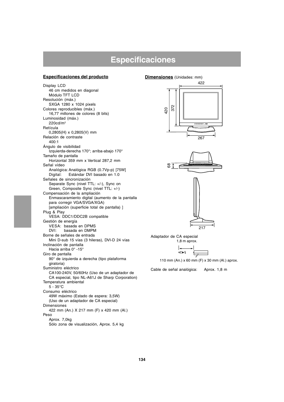 Especificaciones | Sharp LL-T1803-H User Manual | Page 134 / 144