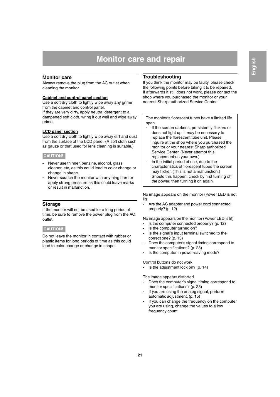 Monitor care and repair | Sharp LL-T1803-H User Manual | Page 21 / 144