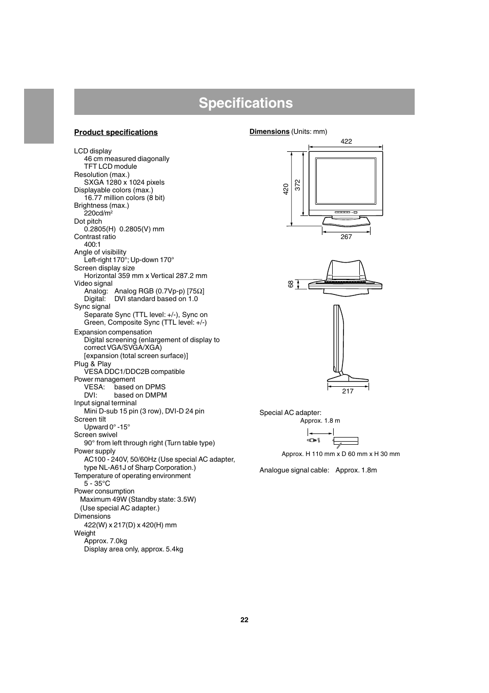 Specifications | Sharp LL-T1803-H User Manual | Page 22 / 144