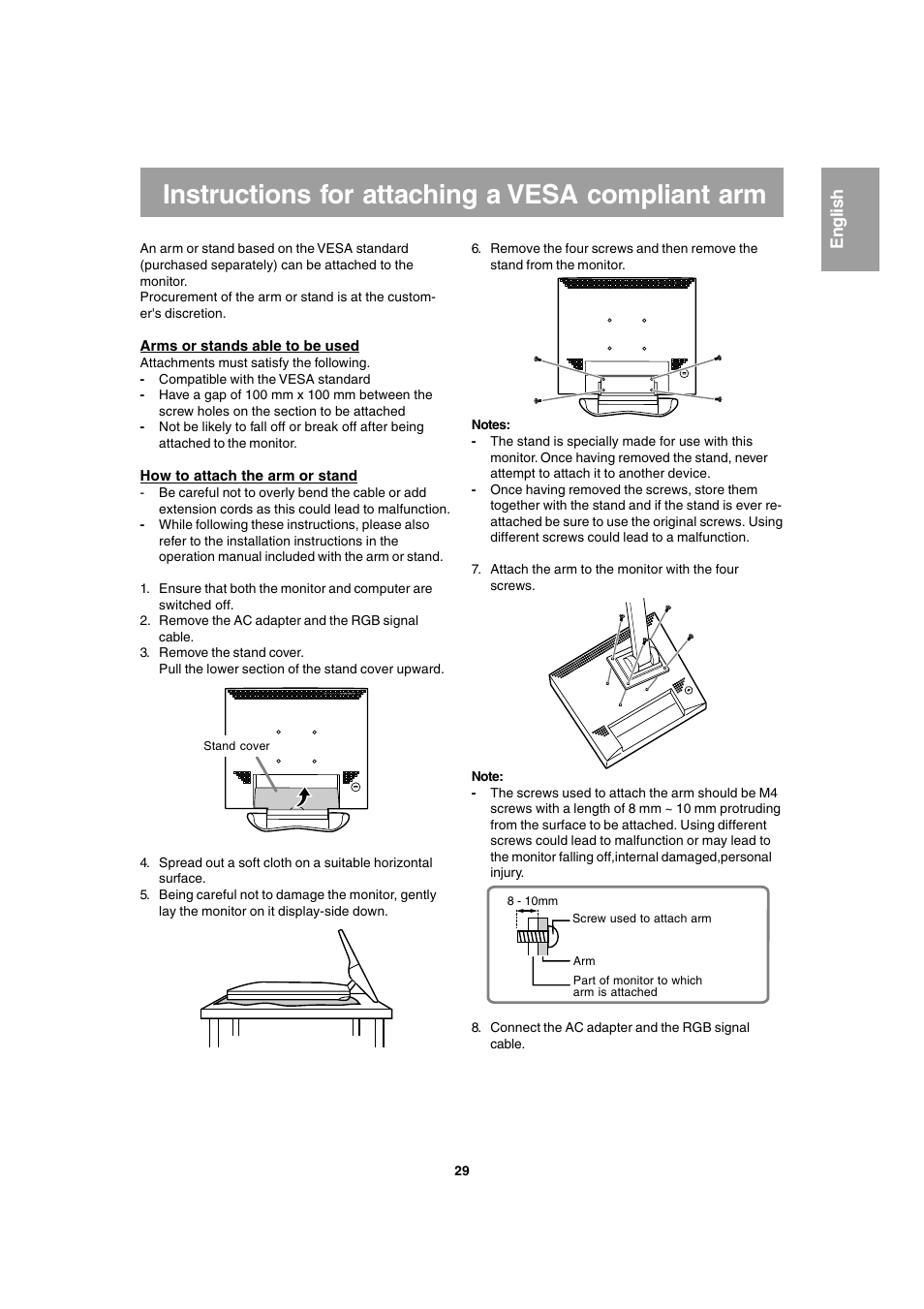 Instructions for attaching a vesa compliant arm, English | Sharp LL-T1803-H User Manual | Page 29 / 144