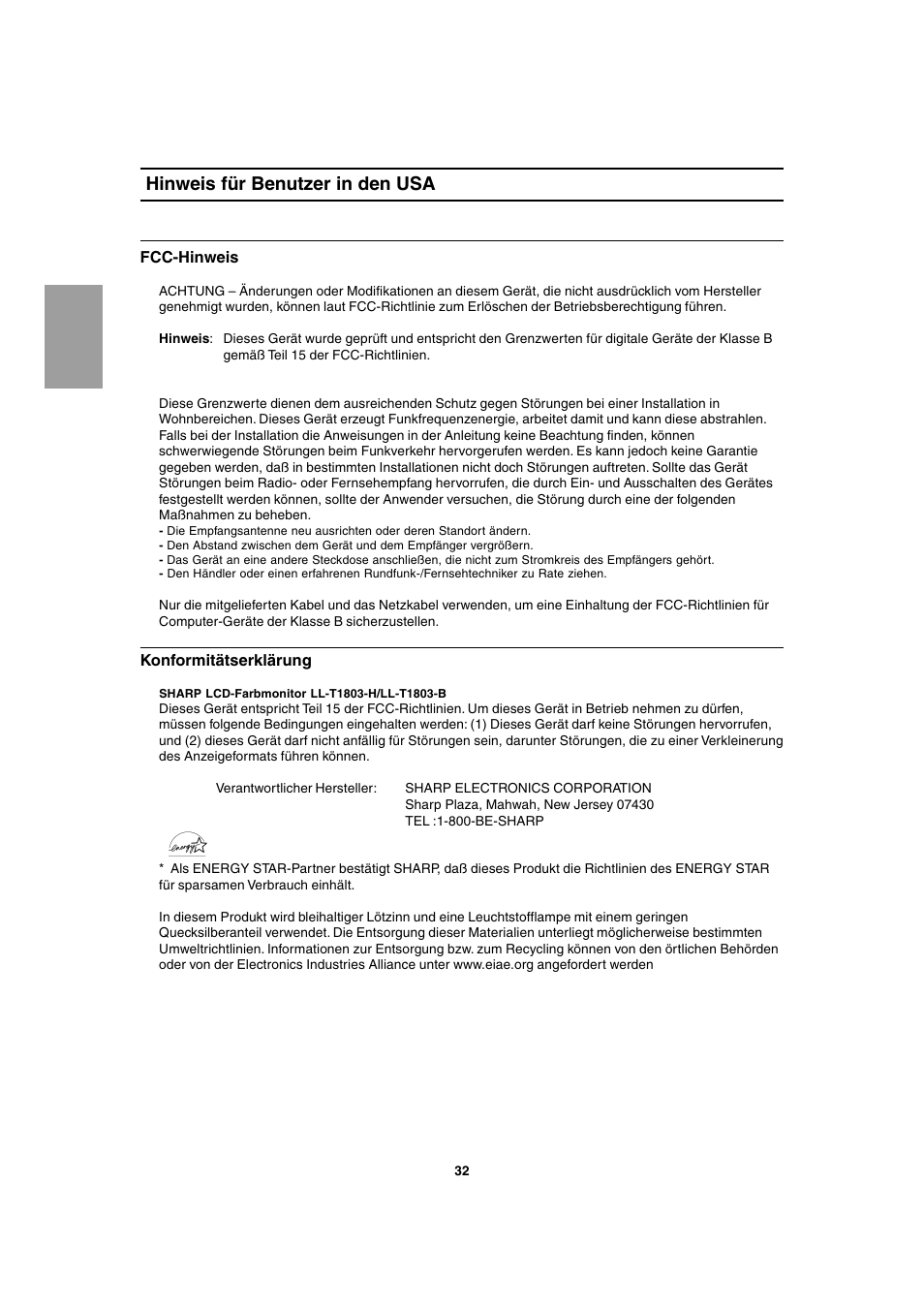 Hinweis für benutzer in den usa | Sharp LL-T1803-H User Manual | Page 32 / 144