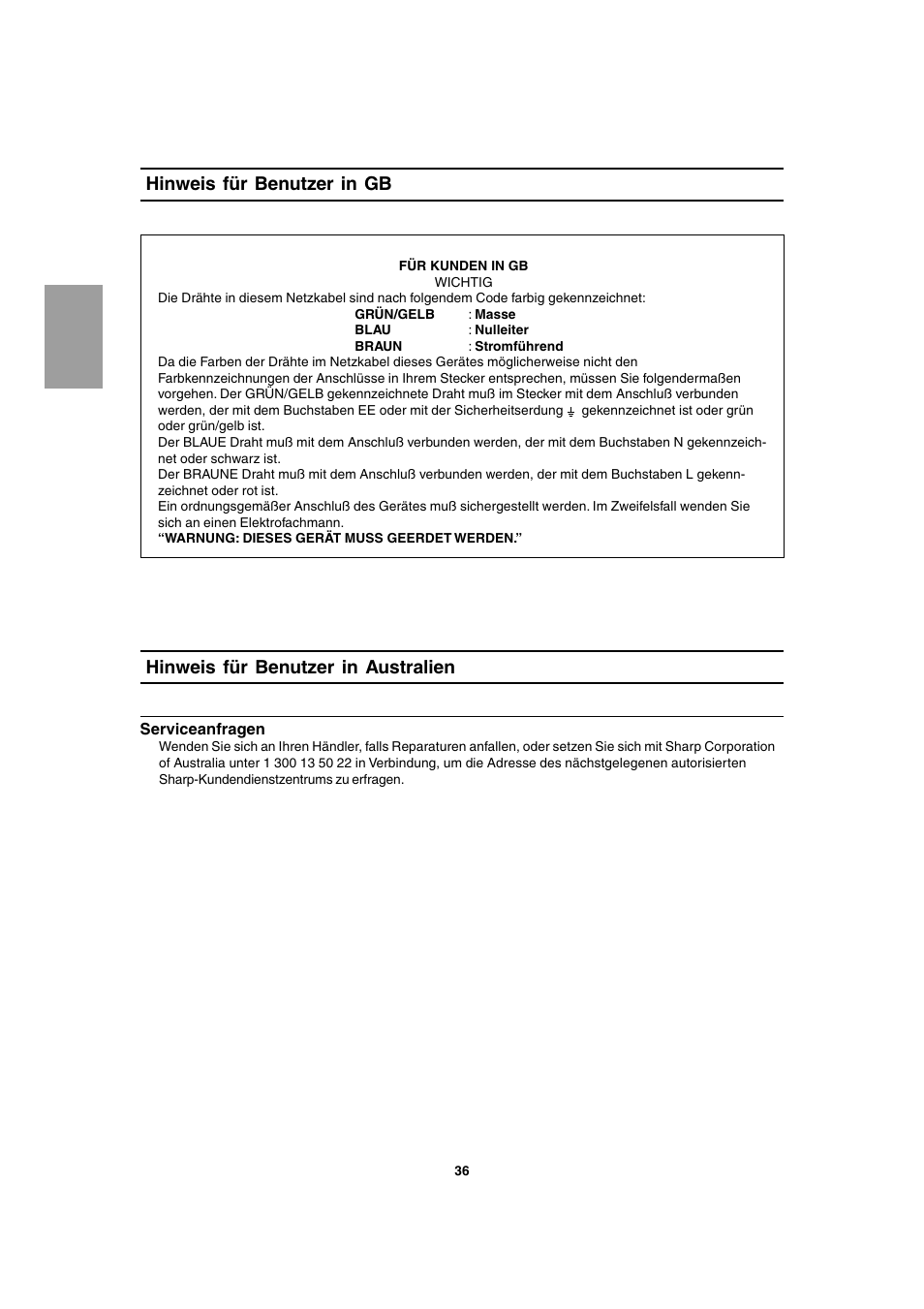 Hinweis für benutzer in gb, Hinweis für benutzer in australien | Sharp LL-T1803-H User Manual | Page 36 / 144