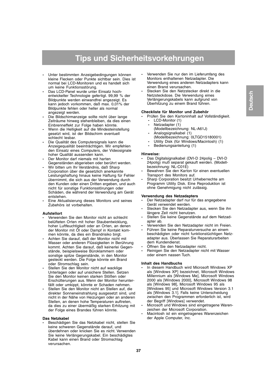 Tips und sicherheitsvorkehrungen | Sharp LL-T1803-H User Manual | Page 37 / 144