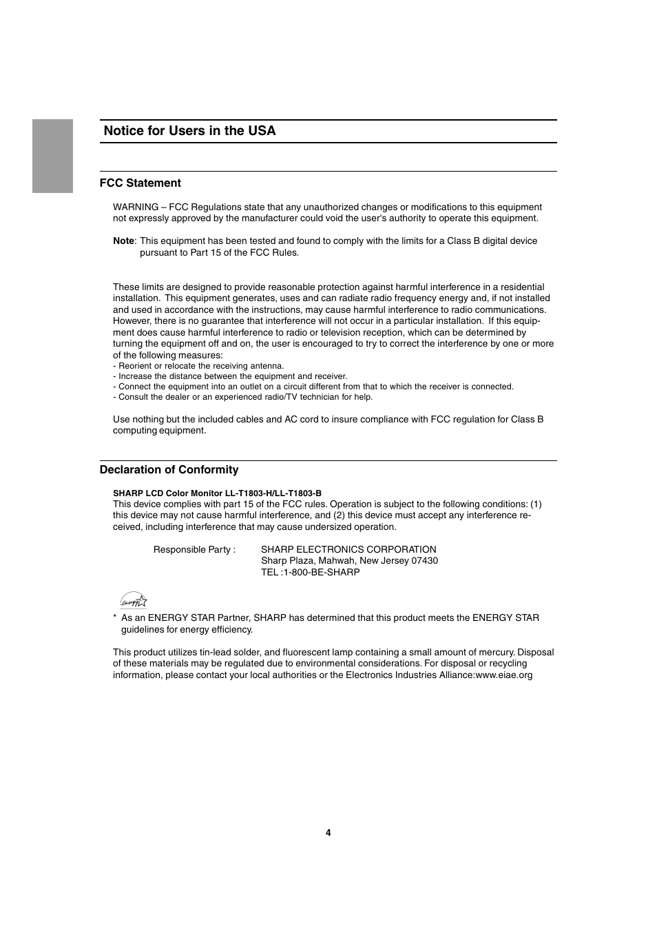 Notice for users in the usa | Sharp LL-T1803-H User Manual | Page 4 / 144