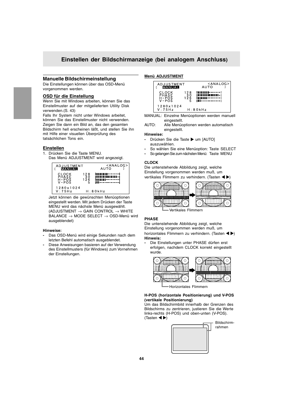 Einstellen der bildschirmanzeige, Bei analogem anschluss | Sharp LL-T1803-H User Manual | Page 44 / 144