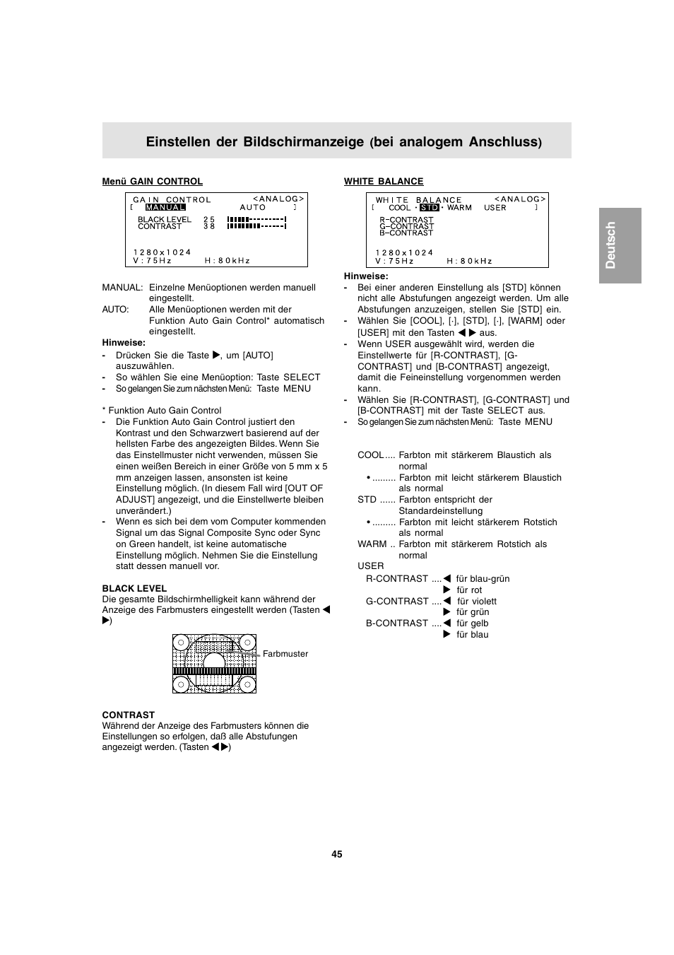 Einstellen der bildschirmanzeige, Bei analogem anschluss | Sharp LL-T1803-H User Manual | Page 45 / 144