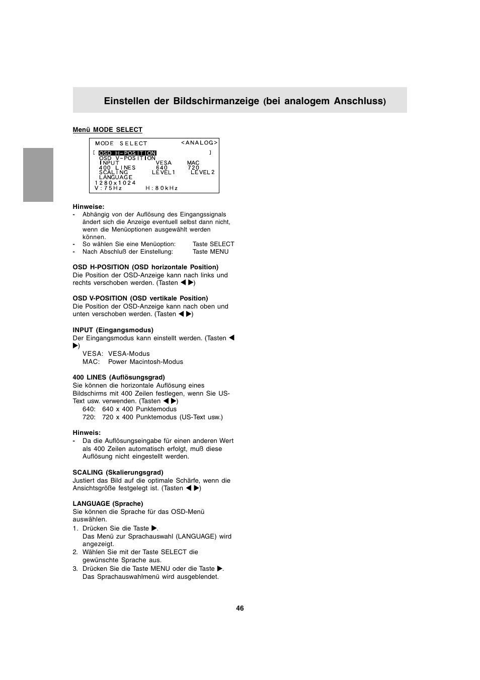 Einstellen der bildschirmanzeige, Bei analogem anschluss | Sharp LL-T1803-H User Manual | Page 46 / 144