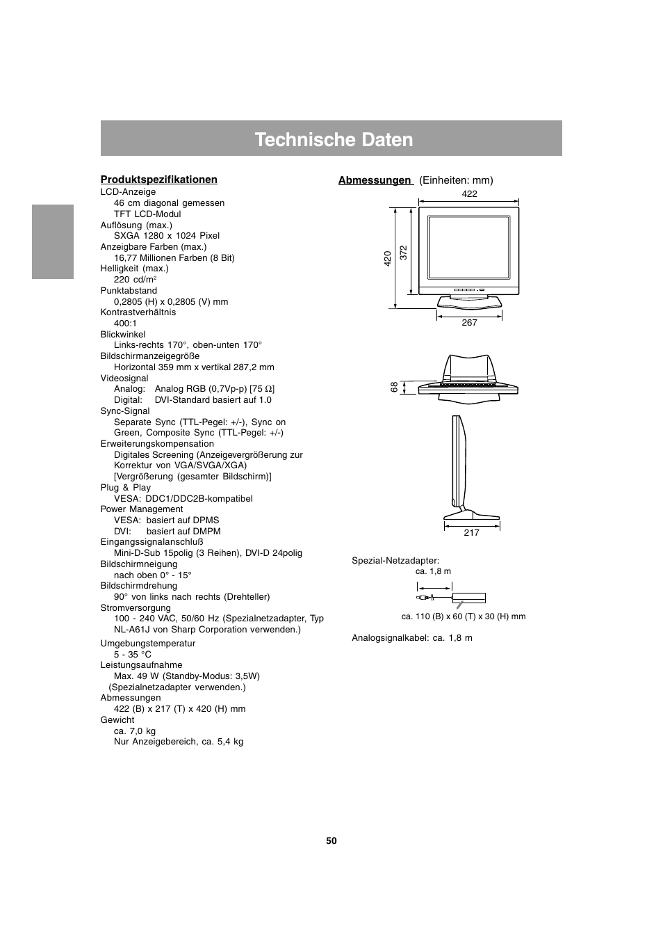 Technische daten | Sharp LL-T1803-H User Manual | Page 50 / 144