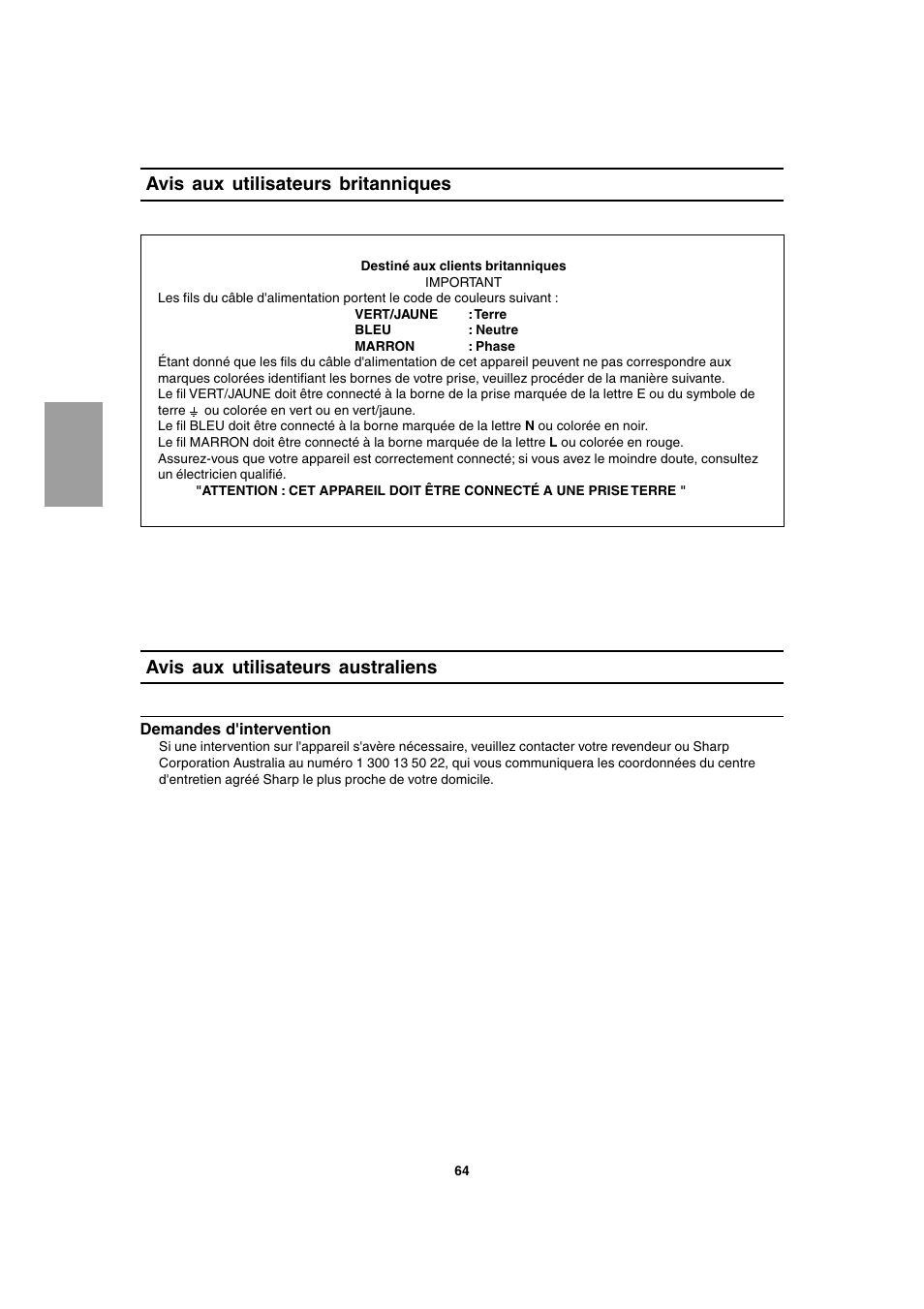 Avis aux utilisateurs britanniques, Avis aux utilisateurs australiens | Sharp LL-T1803-H User Manual | Page 64 / 144