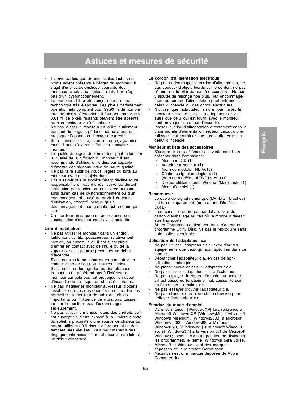 Astuces et mesures de sécurité | Sharp LL-T1803-H User Manual | Page 65 / 144