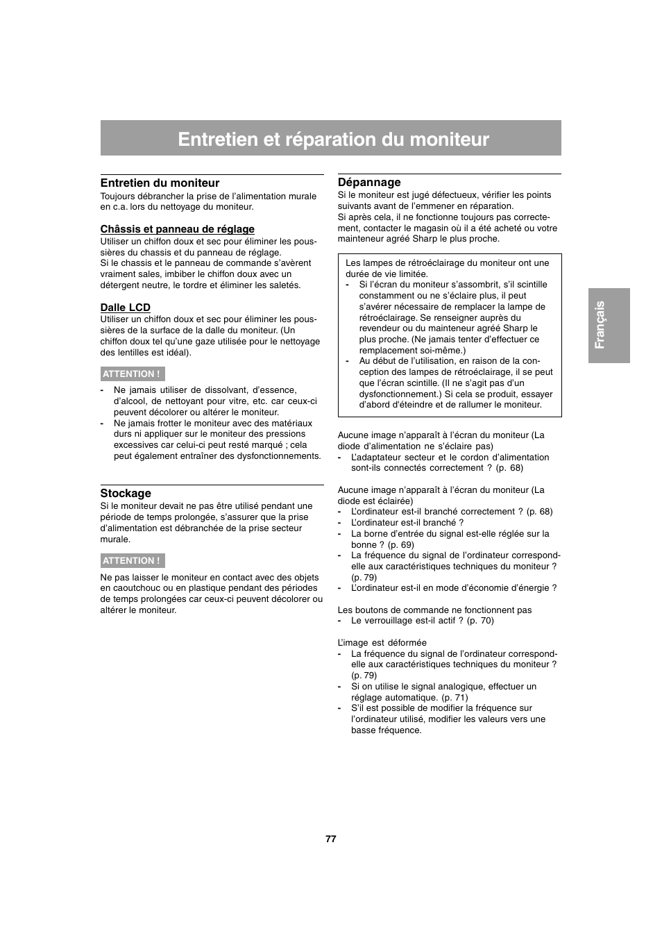Entretien et réparation du moniteur | Sharp LL-T1803-H User Manual | Page 77 / 144