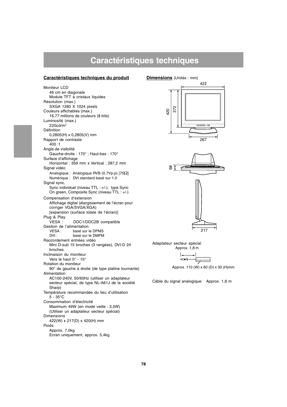 Caractéristiques techniques | Sharp LL-T1803-H User Manual | Page 78 / 144