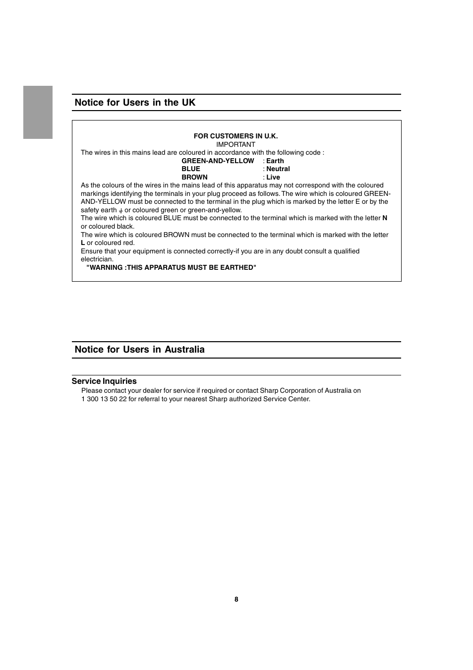 Notice for users in the uk, Notice for users in australia | Sharp LL-T1803-H User Manual | Page 8 / 144