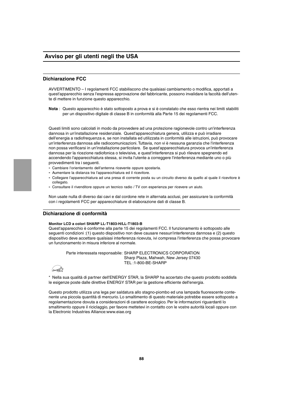 Avviso per gli utenti negli the usa | Sharp LL-T1803-H User Manual | Page 88 / 144
