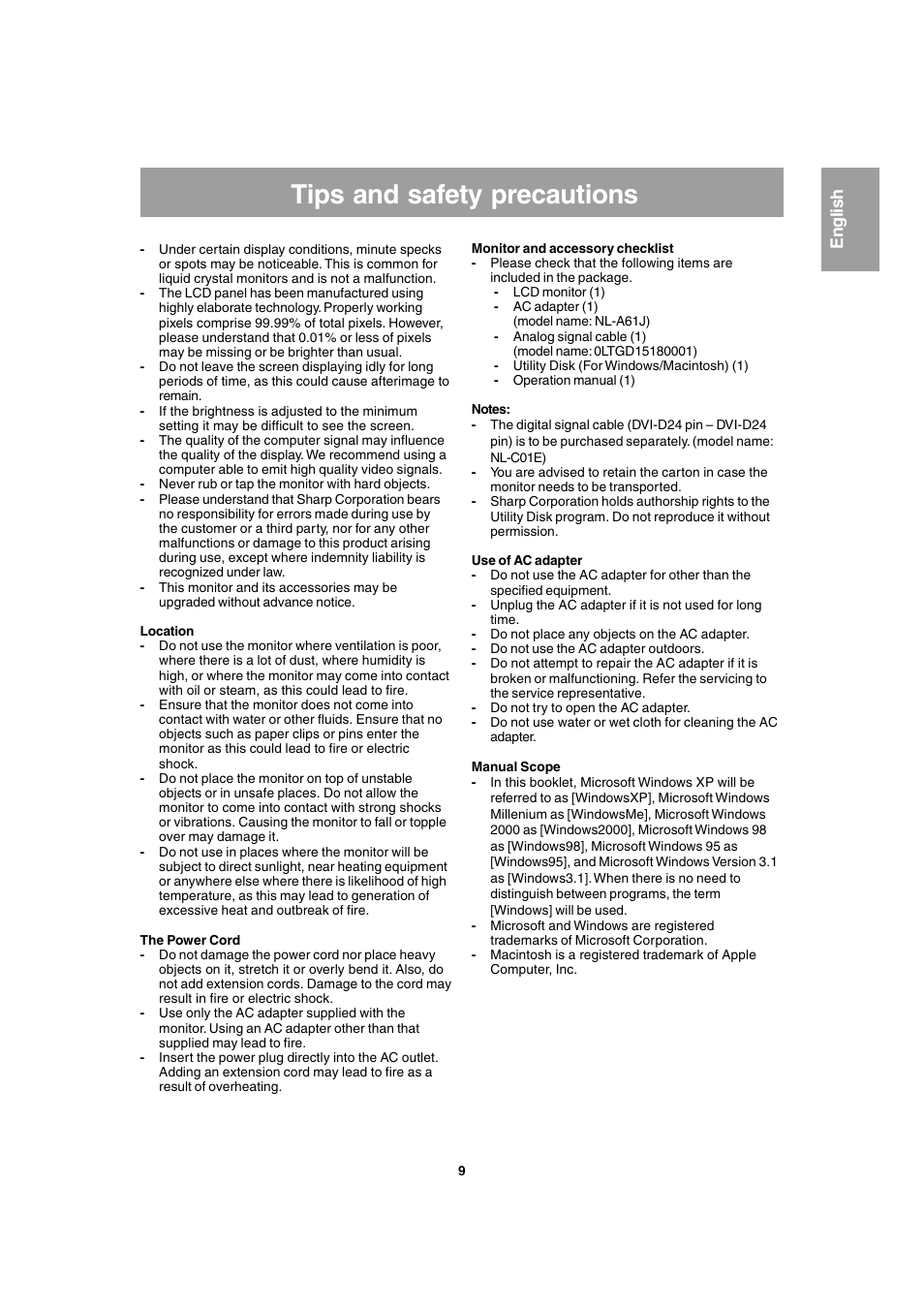 Tips and safety precautions, English | Sharp LL-T1803-H User Manual | Page 9 / 144