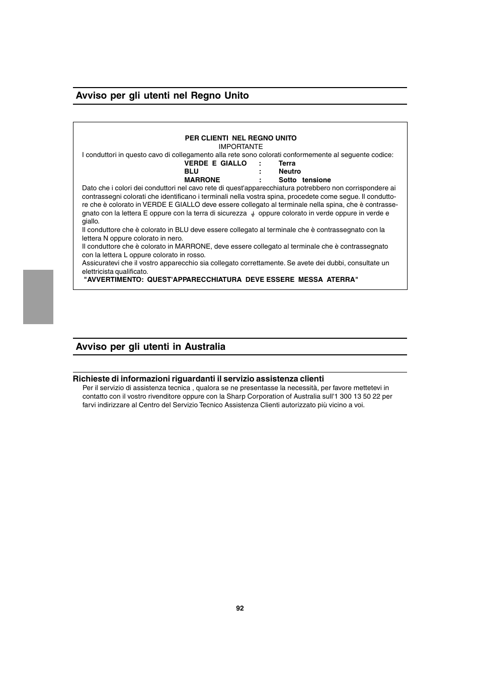 Avviso per gli utenti nel regno unito, Avviso per gli utenti in australia | Sharp LL-T1803-H User Manual | Page 92 / 144