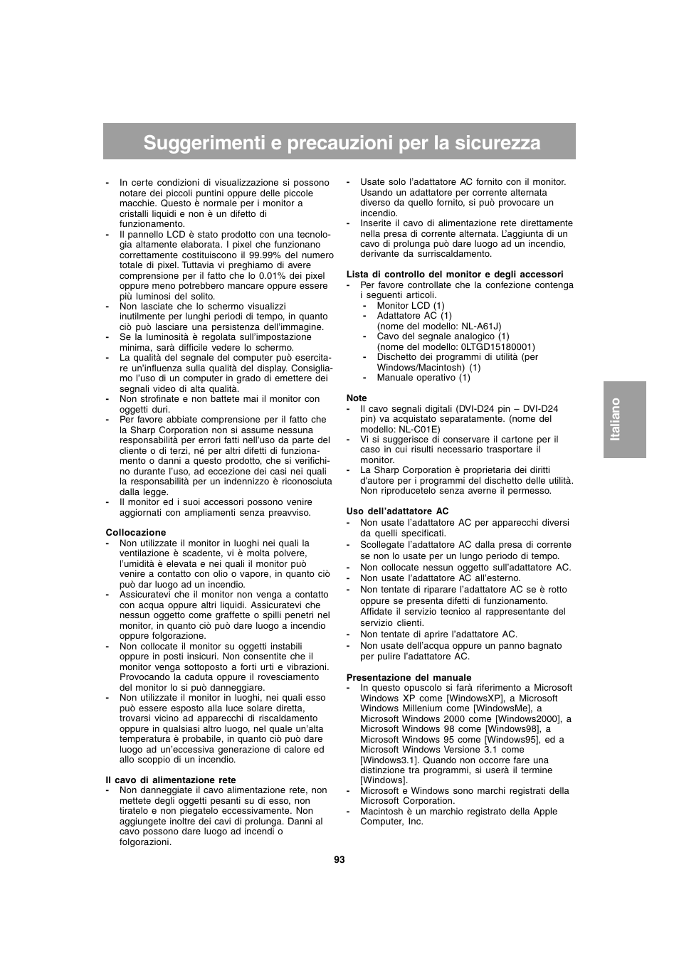 Suggerimenti e precauzioni per la sicurezza | Sharp LL-T1803-H User Manual | Page 93 / 144