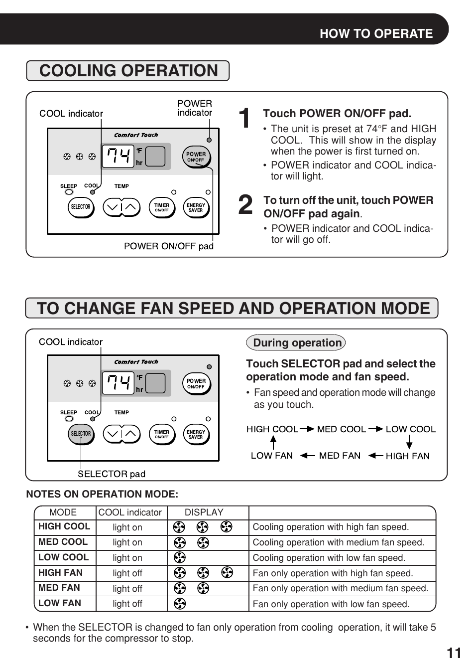 Cooling operation, To change fan speed and operation mode, How to operate | Touch power on/off pad | Sharp AF-06ERL User Manual | Page 11 / 20