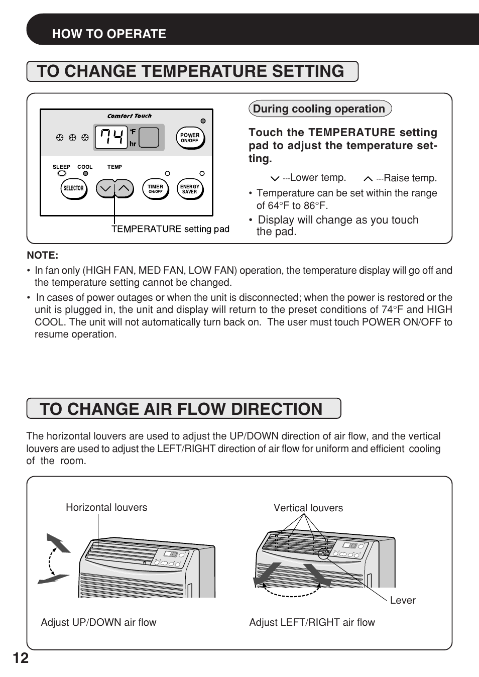 To change temperature setting, To change air flow direction, How to operate | Display will change as you touch the pad, During cooling operation | Sharp AF-06ERL User Manual | Page 12 / 20