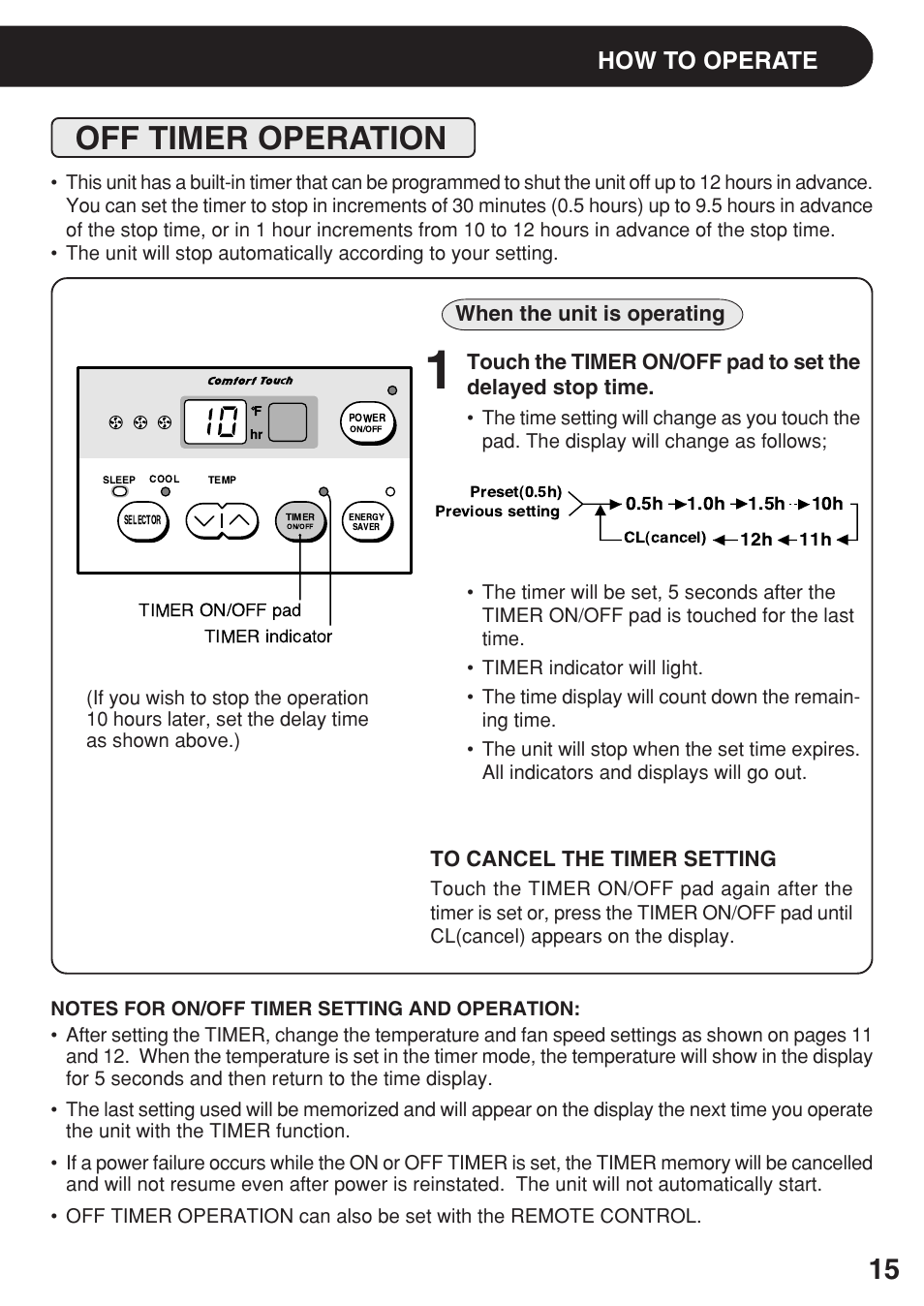 Off timer operation, How to operate, When the unit is operating | Sharp AF-06ERL User Manual | Page 15 / 20